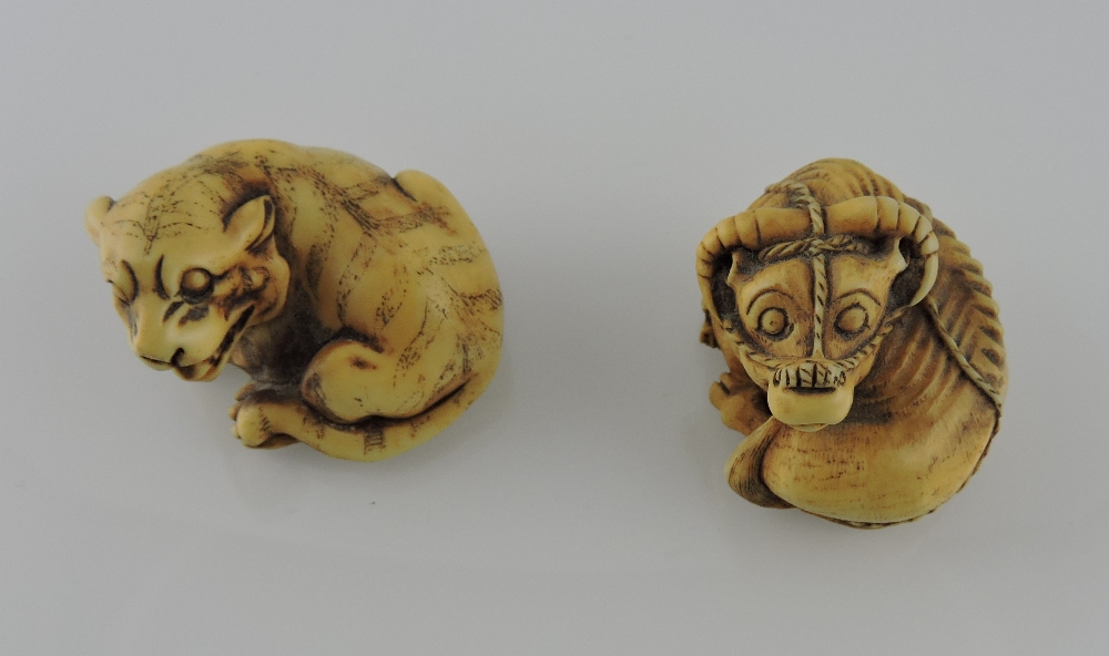 Two carved okimono / netsuke, one in the form of a tiger, the other a water buffalo, each approx