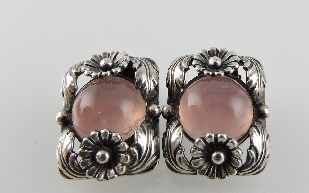 A pair of vintage Danish Niels Erik From rose quartz and 925 silver clip earrings.
