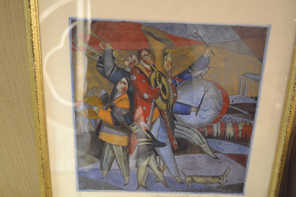 Contemporary Russian School, study of a family of musicians in colourful native costume, signed