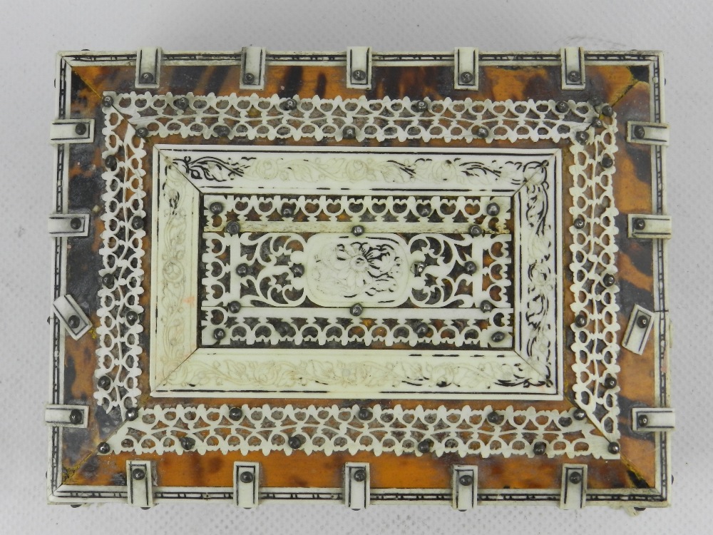 An Indian bone mounted tortoise shell inlaid trinket box, raised on four paw feet, together with a - Image 3 of 4