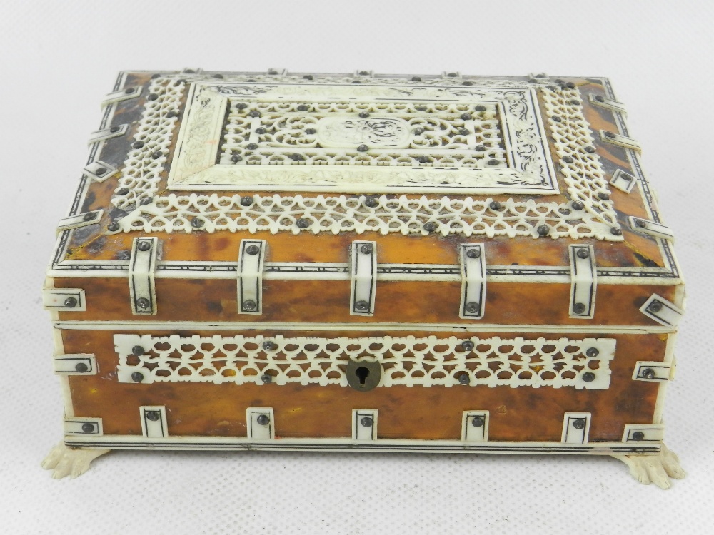 An Indian bone mounted tortoise shell inlaid trinket box, raised on four paw feet, together with a - Image 2 of 4