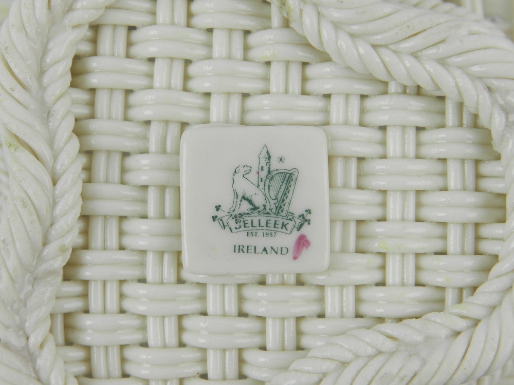 Belleek, Ireland. A hard paste porcelain basket, decorated with shamrocks and pink pansies, - Image 3 of 3