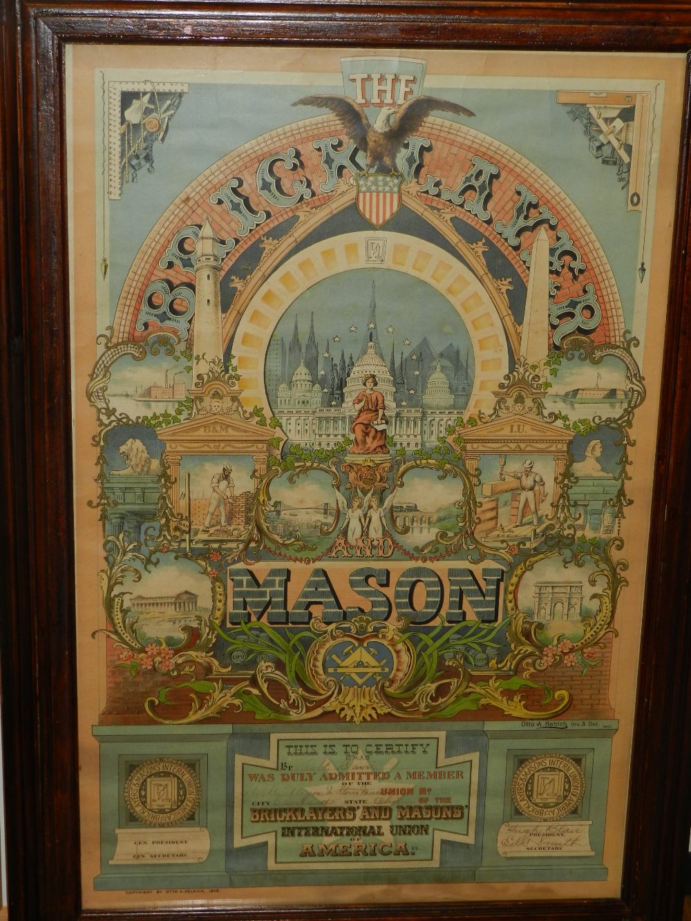 An early 20th century certificate for membership of the Bricklayers and Masons International Union
