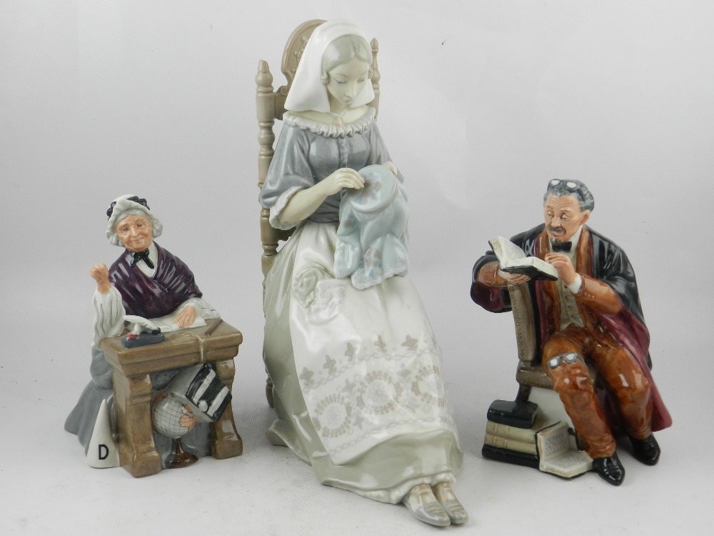 Two Royal Doulton figurines, 'The Professor' and 'Schoolmarm', together with one other Lladro