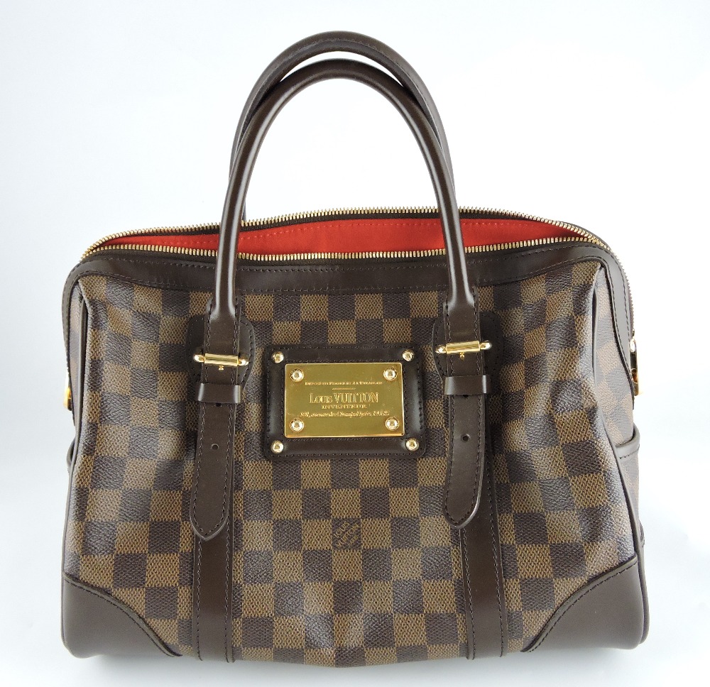 Louis Vuitton handbag, in monogrammed chequer cloth with brown leather fittings and brass brand