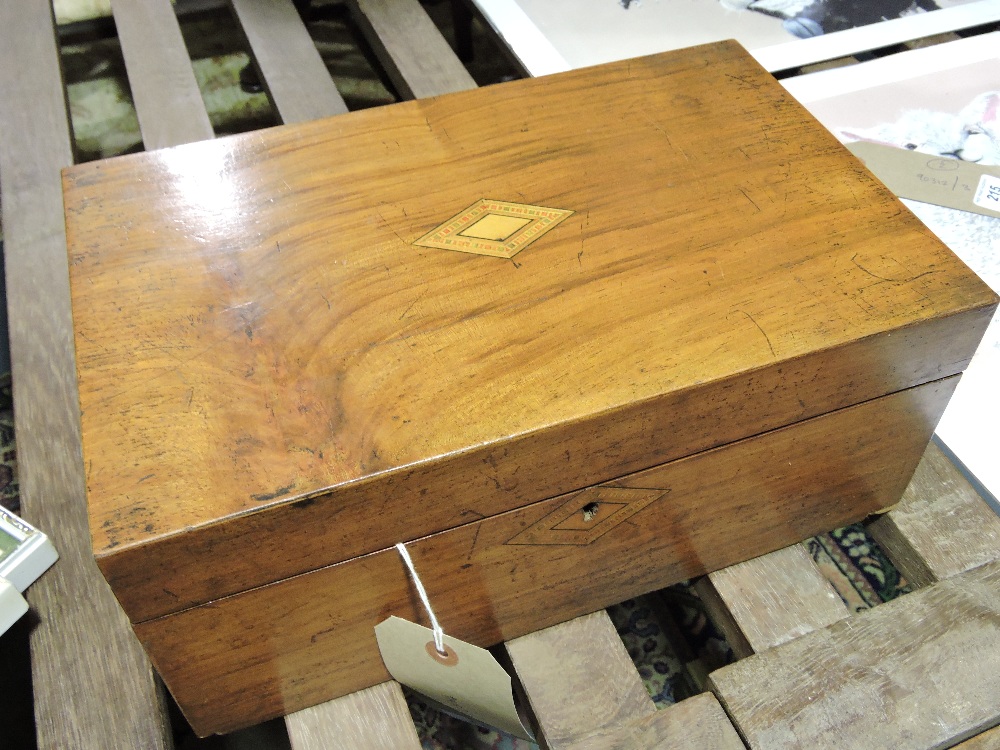 A late Victorian inlaid rectangular walnut writing slope, W. 34cm.