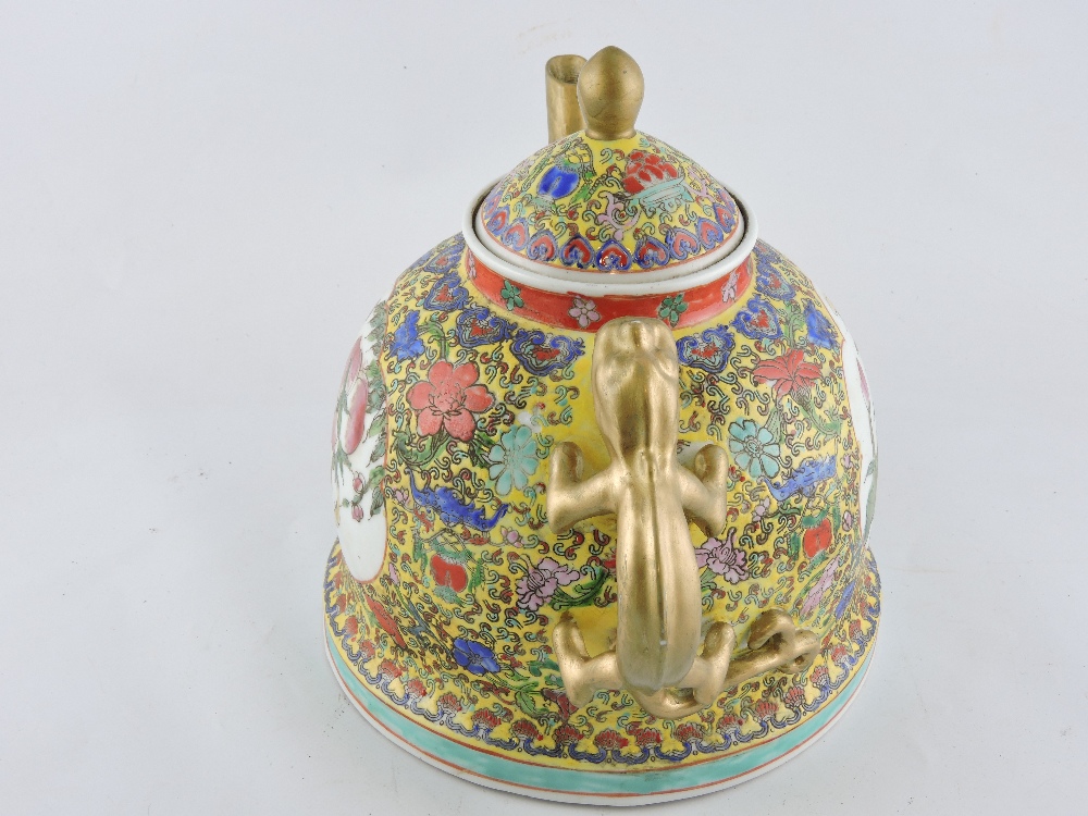 A large Chinese famille jaune teapot with gilt kylin handle, painted with panels of flowering peony, - Image 2 of 4