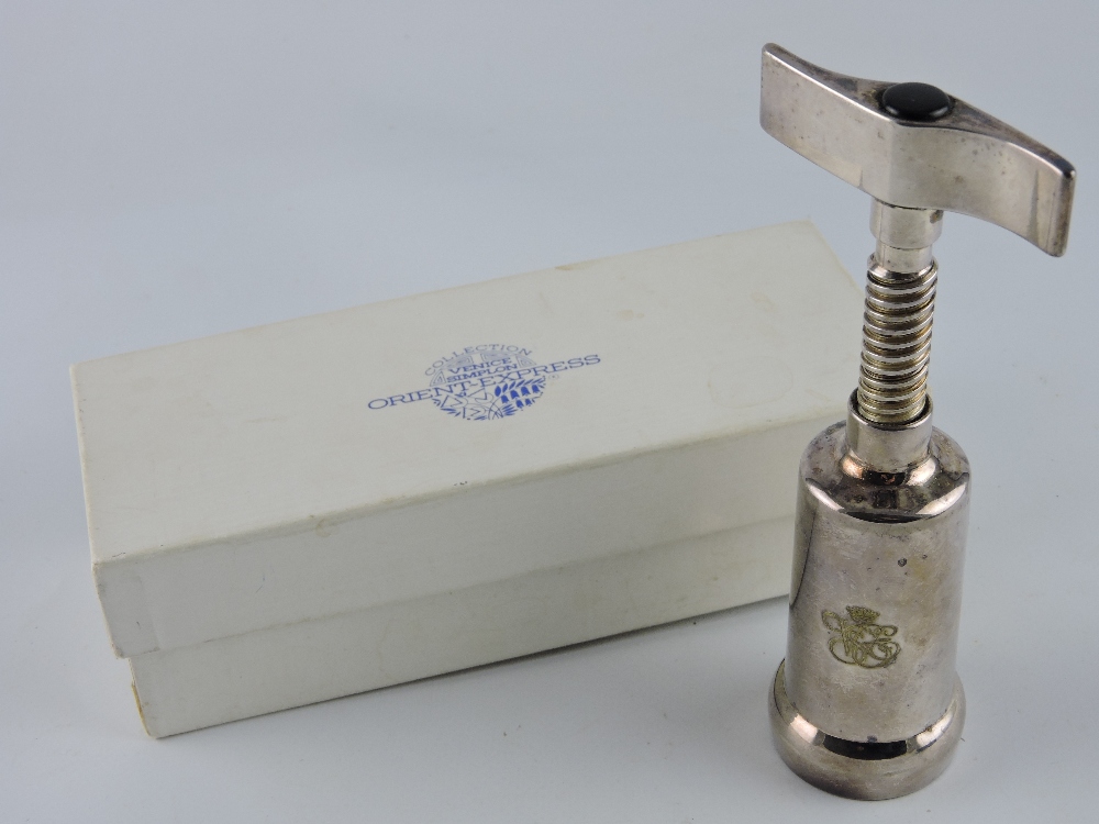 A boxed silver plated Orient Express corkscrew with initials 'V S O E' inscribed; Venice Simplon