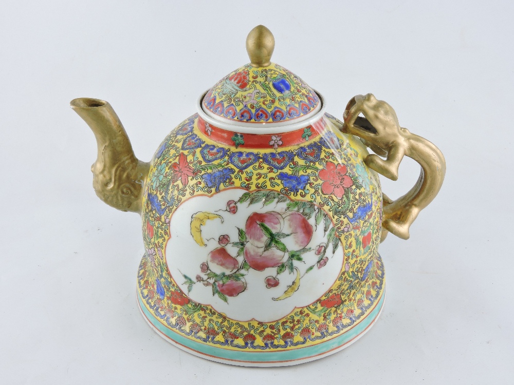 A large Chinese famille jaune teapot with gilt kylin handle, painted with panels of flowering peony, - Image 3 of 4