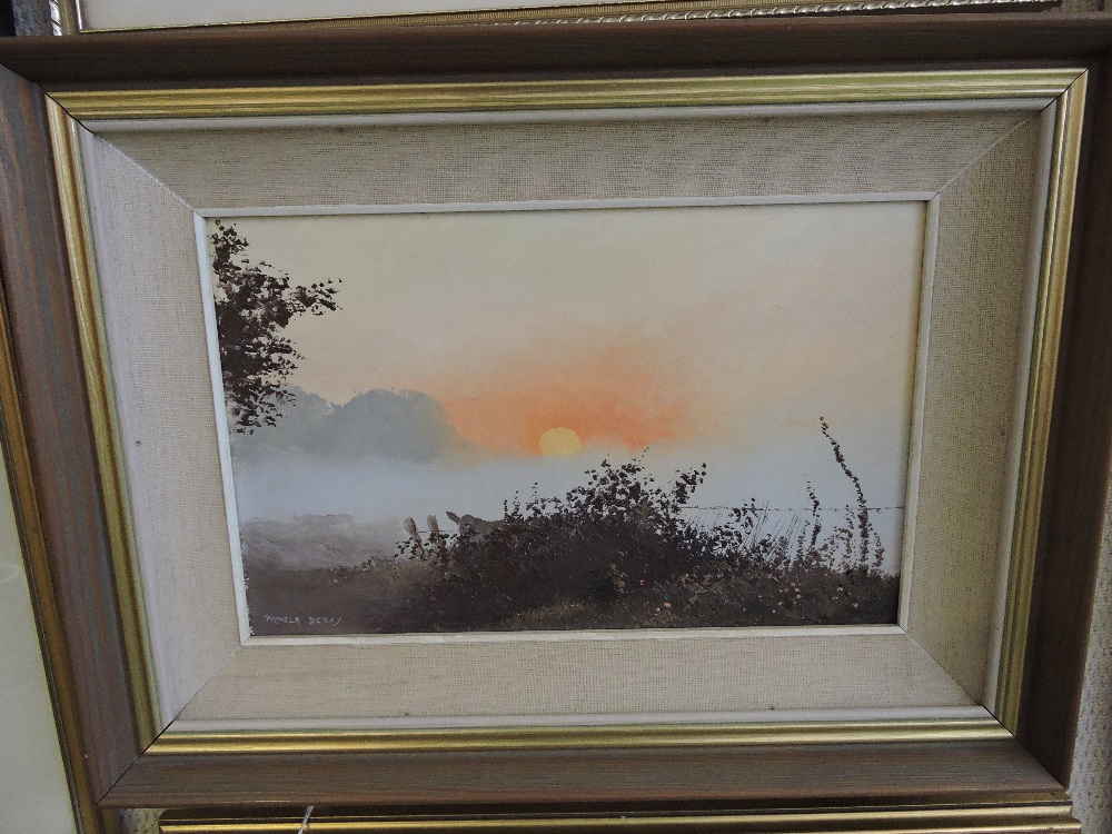 Pamela Derry, oil on board of a Gloucestershire rural scene with rising sun in background, signed