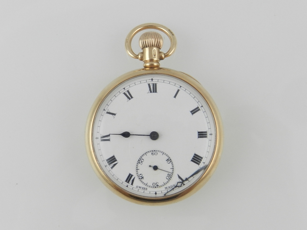 A 9ct yellow gold pocket watch having Roman enameled dial with outer minute track and second