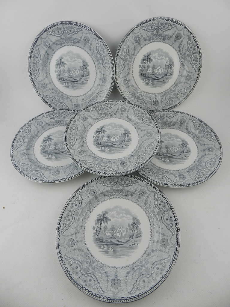 A set of six mid 19th century Copeland side plates, transfer decorated with romantic landscapes,