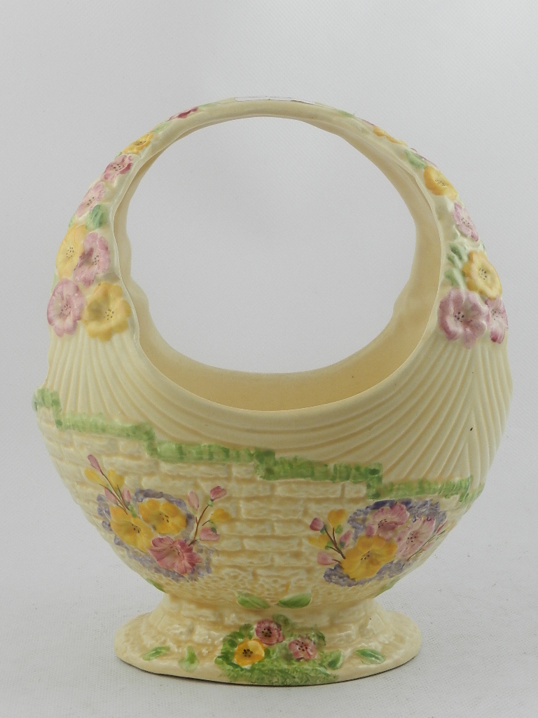 Arthur Wood Pottery basket, polychrome decorated with flowers. H.27cm