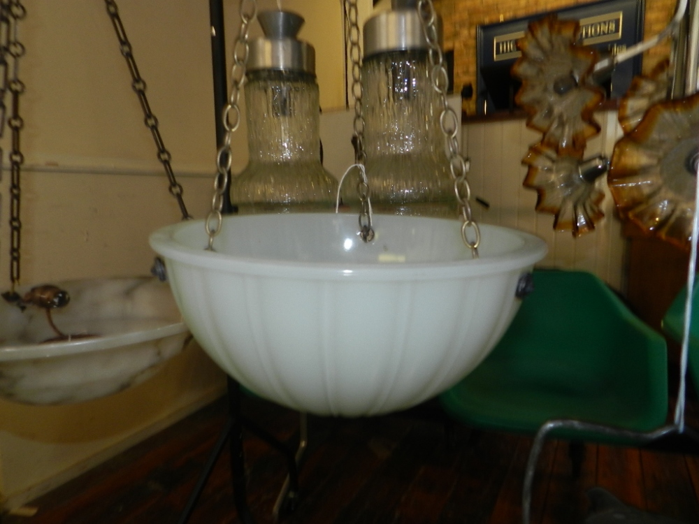 An unusual 'Jefferson Lightbulb', opaque glass ceiling pendant of hemispherical form, suspended by