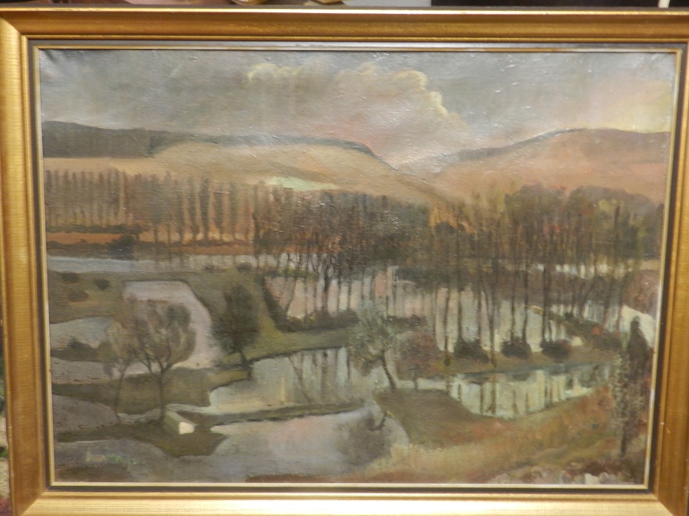 Mid 20th century British School, a rural landscape study of a tree lined river with rolling hills on