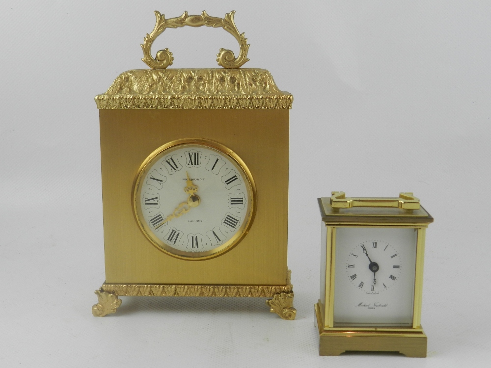 Two modern lacquered brass carriage time pieces. H.18cm (largest)