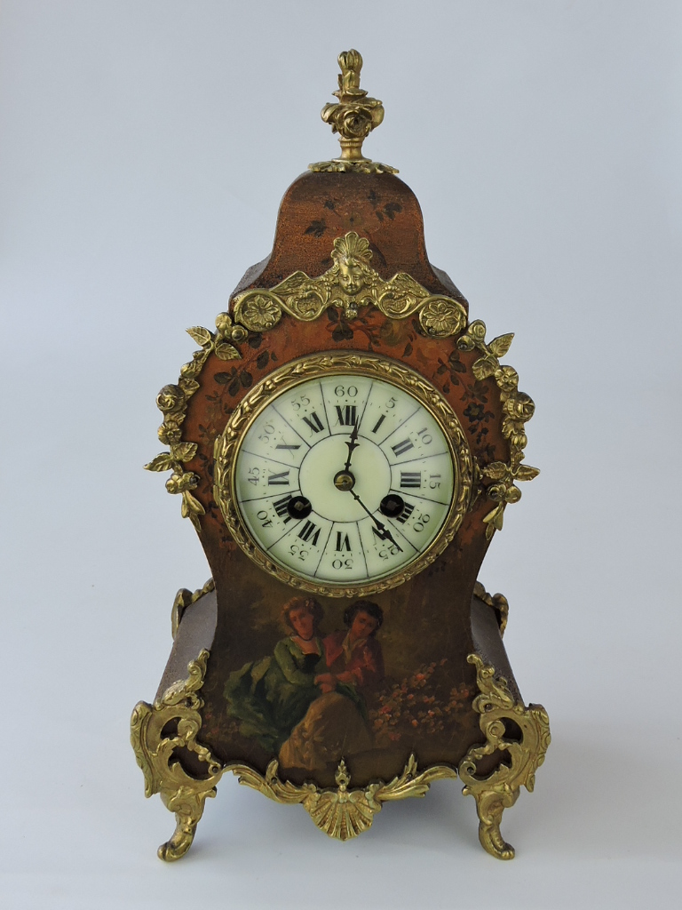 An early 20th Century French Vernis Martin style lacquer mantel clock with eight-day drum movement