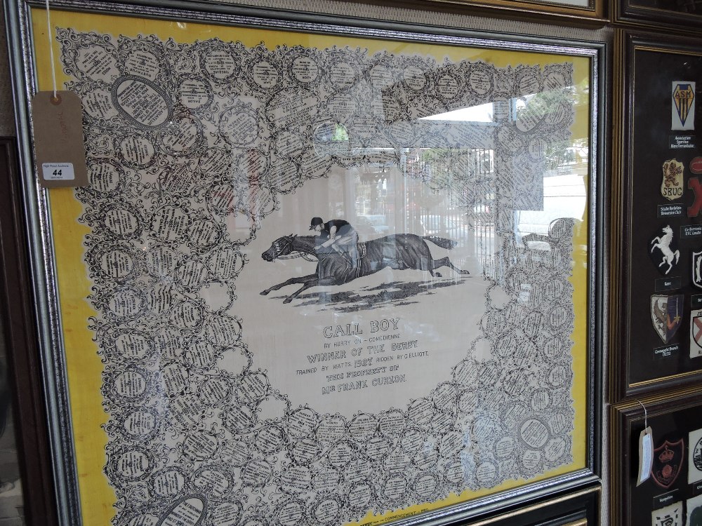 A Derby Winners silk scarf, since 1780, the central panel depicting Call Boy, Winner, Trained by