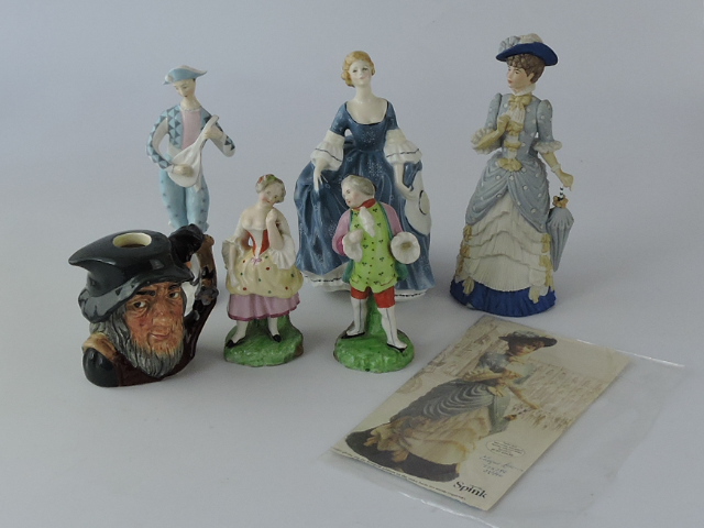 Royal Doulton porcelain figures 'Hilary', H. 18cm, Harlequin HN2186, Rip Van Winkle character flask,