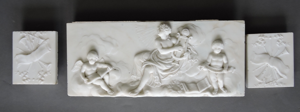 A 19th century white marble fire frieze, the central panel possibly depicting Thamyris, flanked by