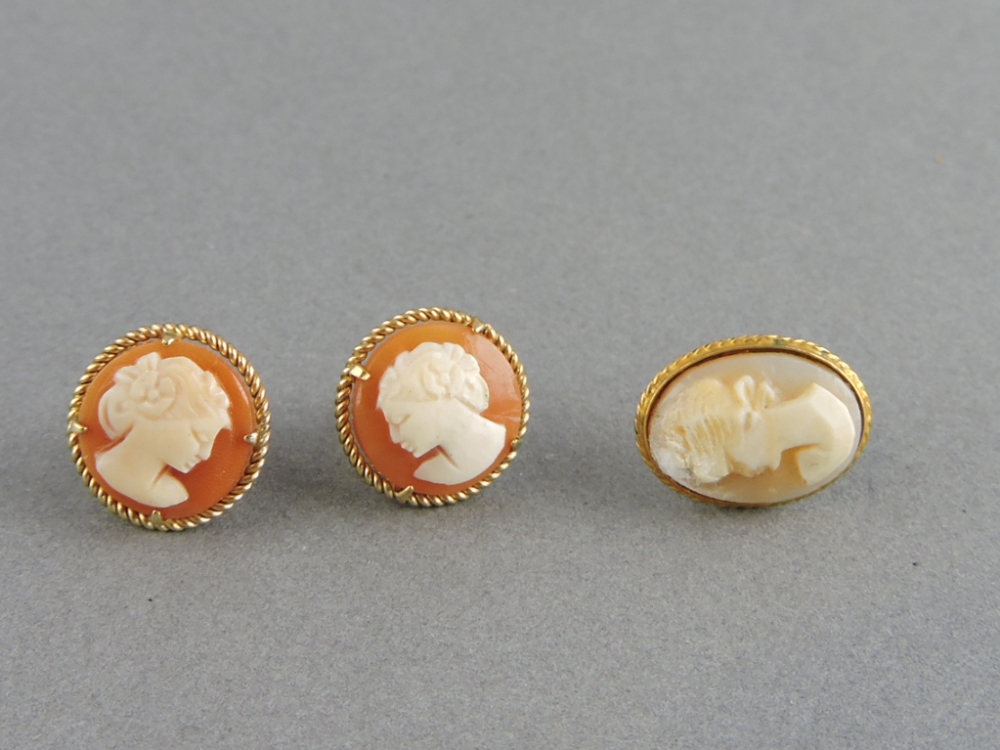 A pair of cameo ear studs carved with female profiles in 9ct rope twist claw mounts together with