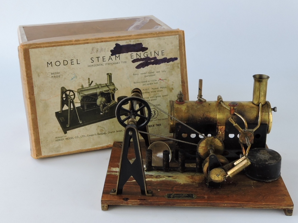 A mid-20th century Mersey Model Co. Ltd horizontal stationary-type steam engine, two speeds: reverse