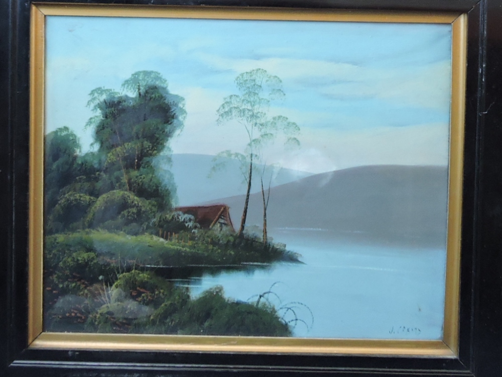 J Crams, Cottage Beside a Lake, oil on board, signed lower right, 41cm x 50cm.