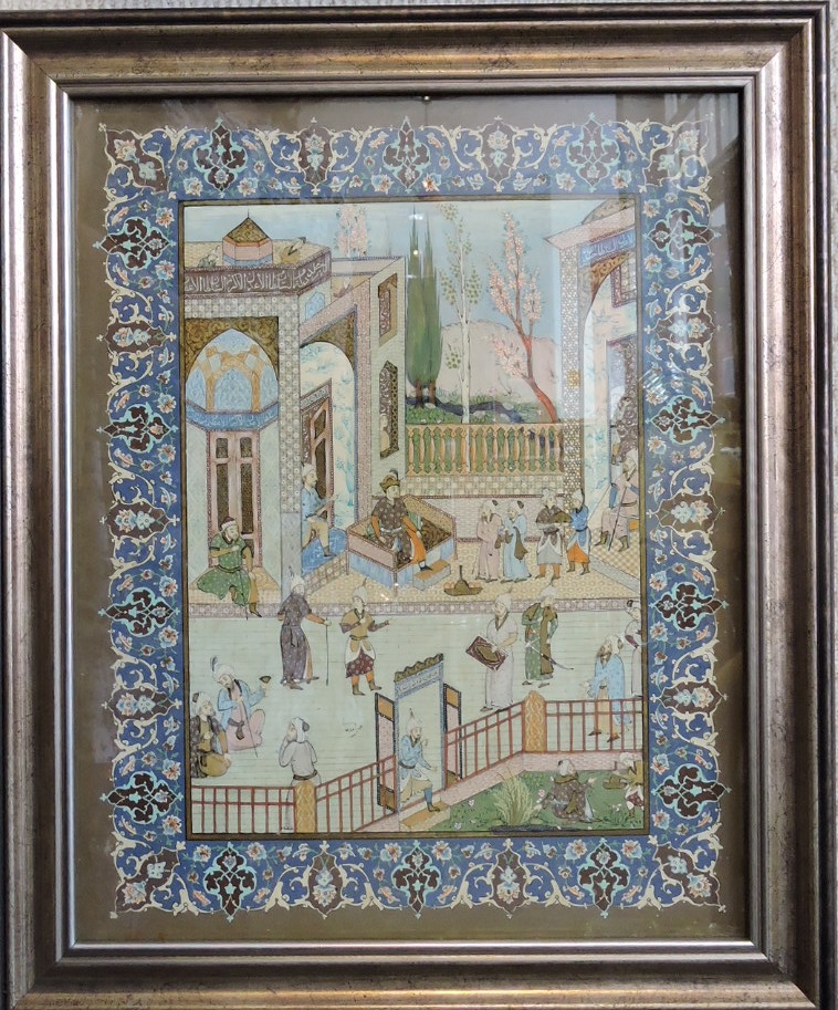 A fine early 20th century Persian watercolour, depicting religious figures with two mosques to the