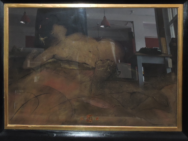 A 20th Century continental school, reclining nude in stockings, mixed media, signature indistinct,