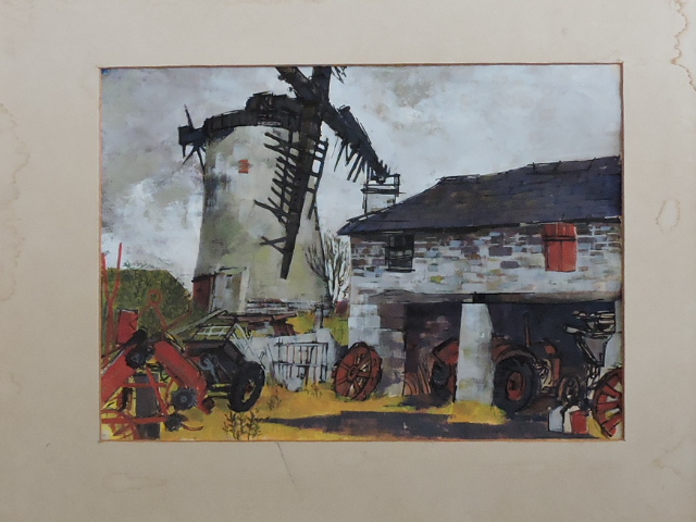 David Evans, (20th Century, British) Farmyard with machinery and windmill, mixed media on board,