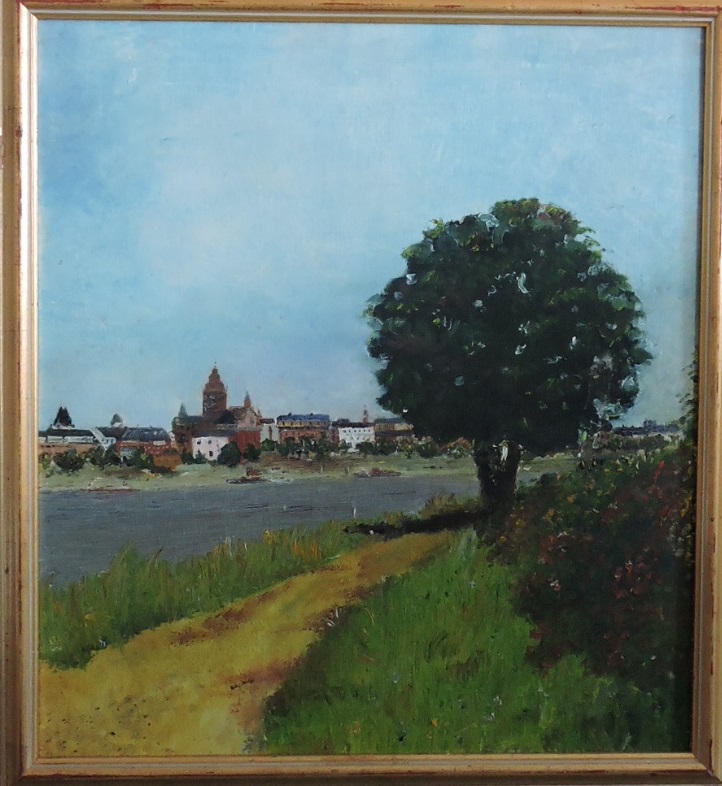 20th century Continental school, River Landscape with City Buildings, oil on board, unsigned, 50cm x