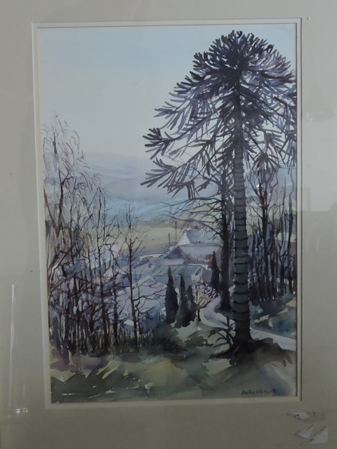 Mollie Whitworth, landscape with pine trees, watercolour, signed lower right, 55cm x 37cm.