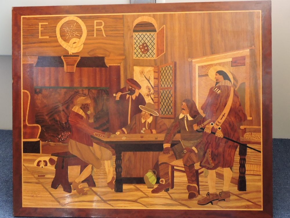 A 20th century Italian marquetry panel, depicting 17th century figures in an interior scenes