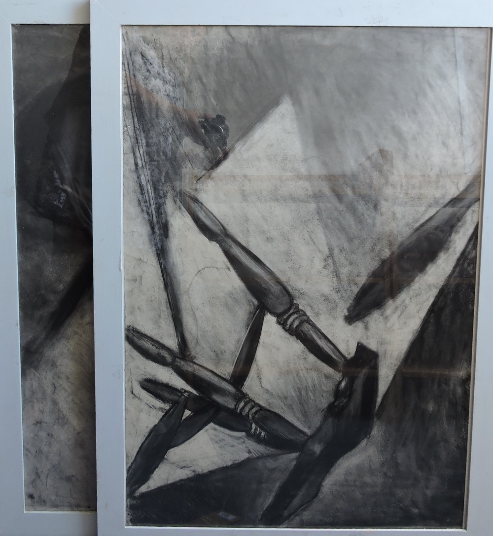 20th century Study of a Stool, charcoal drawing, 83cm x 57cm; together with another similar.