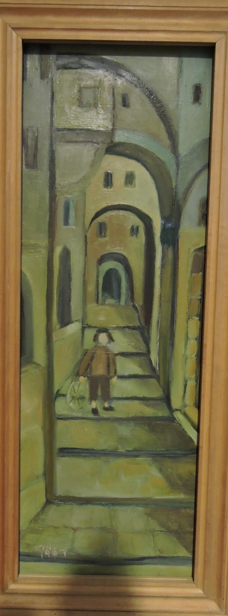 20th century British school, Figure Walking Down Steps Carrying a Wheel, oil on board, signed and