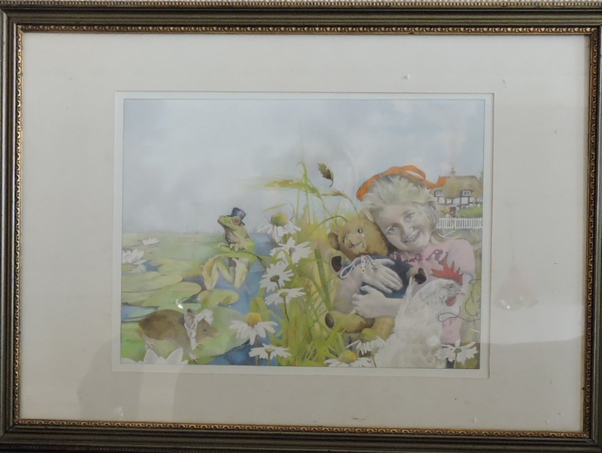 A framed book illustration depicting a young girl with various animals, watercolour, signature