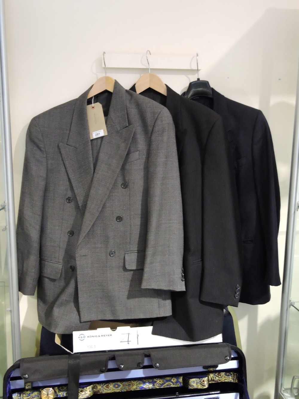 Three men's double-breasted designer wool suits, all 38in chest / 30in waist.