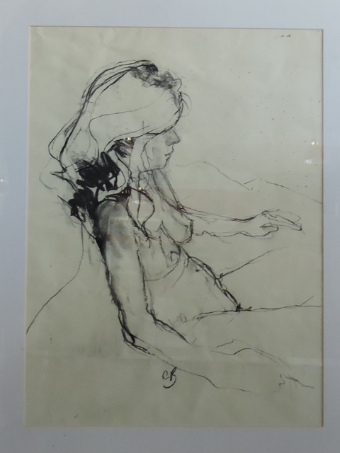 20th Century, British school, seated nude, pen and ink on paper, monograpm C.B. 50cm x 38cm.