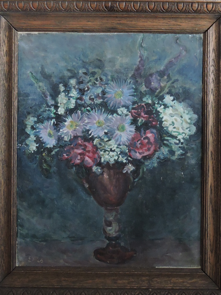 Monogram E.F., still life vase of flowers, oil on canvas, dated '45, 50cm x 40cm.