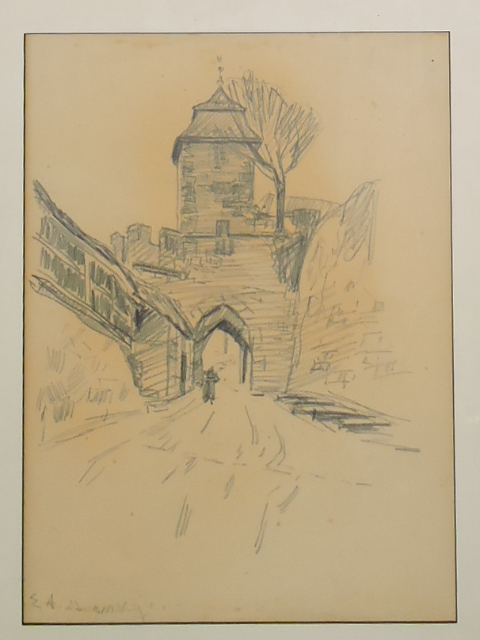 20th century continental school, study of a city gate, (Gothenburg?) pencil on paper, monogram E.A