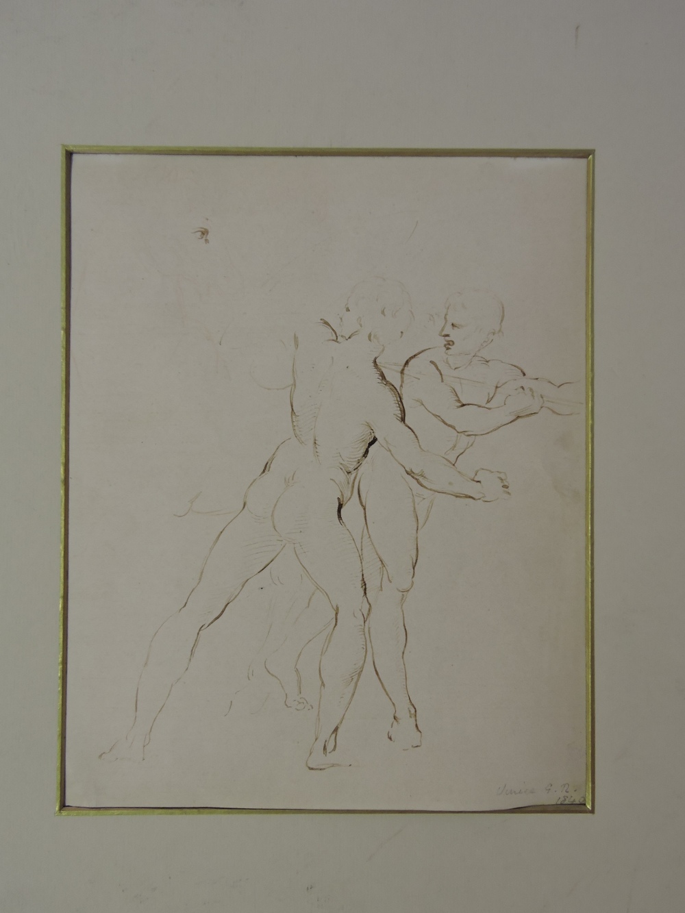 19th century pen sketch of two naked pugilists, dated 1840, unframed, 22cm x 19cm.