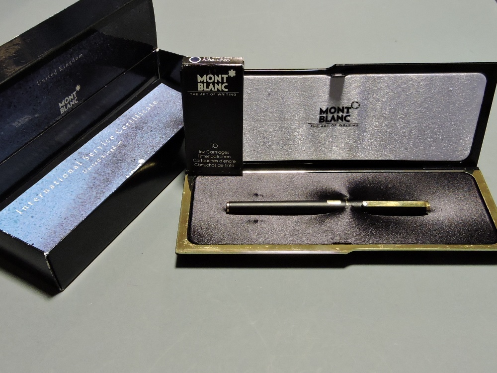 A vintage Mont Blanc matte black Noblesse Slimline cartridge fountain pen, inked mint with broad