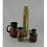 A Scheurich pottery vase, of flagon form glazed in brown with a red band, H. 16cm; together