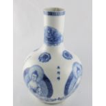 A blue and white Chinese vase, decorated with images of Buddha and characters, the base with a