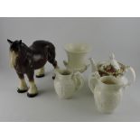 A Melba Ware model of a Suffolk Punch, H. 28cm; together with two Wedgwood jugs, a campana style