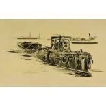 Gerald Facey (20th century British school), Thames Tug with Barge, Riverside Walk Greenwich, oil