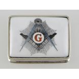 A rectangular 925 silver pillbox with masonic emblem cover.