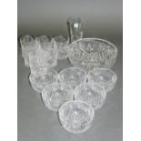 A 20th century cut glass bowl, D. 21cm, together with six small dessert dishes, six tumblers and a