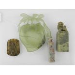 A Chinese green soapstone seal, having d