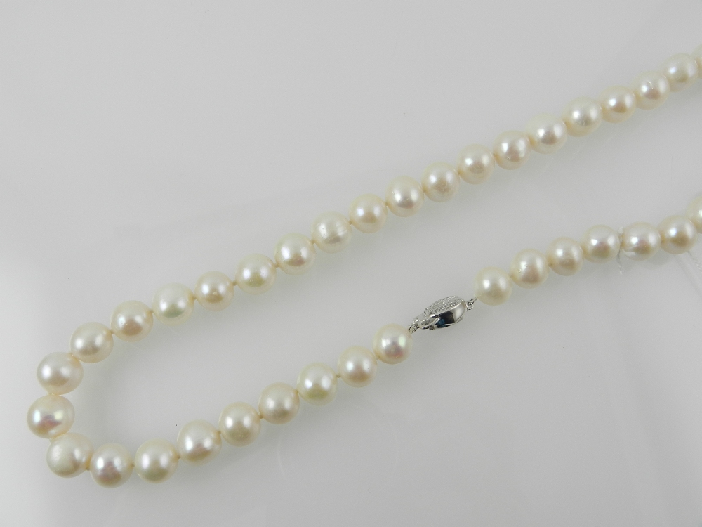 A pearl necklace with a white metal clas